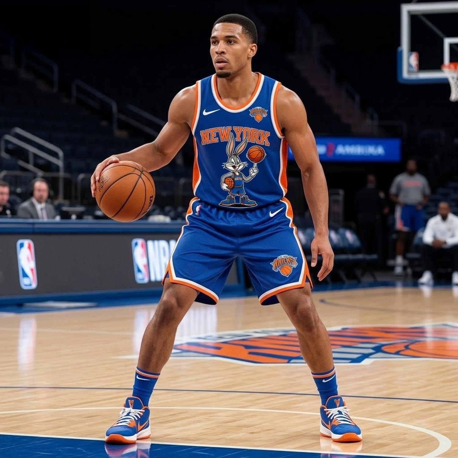 New York Knicks Bugs Bunny Blue Orange Basketball Jersey and Shorts Set Fan Apparel 1 - Unicasport New York Knicks Bugs Bunny Blue Orange Basketball Jersey and Shorts Set Fan Apparel