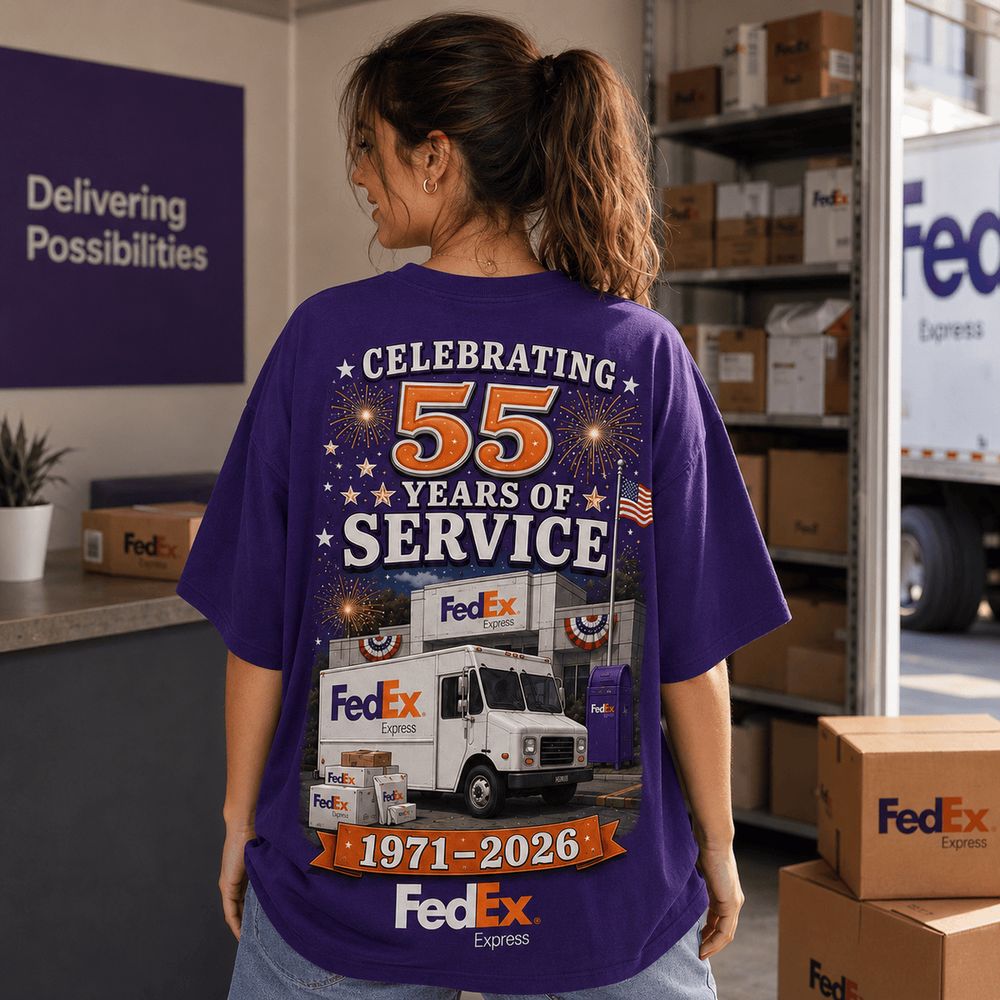 FedEx 55 Years of Service Truck and Fireworks Special Graphic T-Shirt - Gift Idea for Delivery Drivers - Image 3