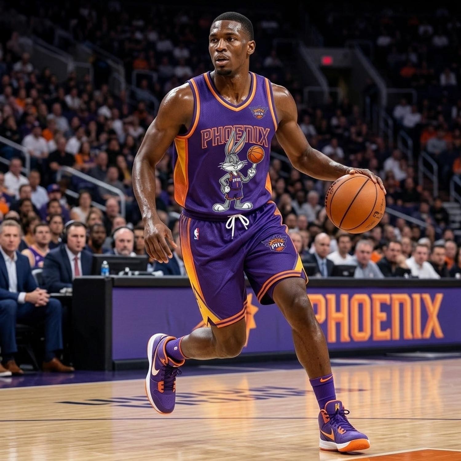 Phoenix Suns Bugs Bunny Purple Orange Basketball Jersey and Shorts Set Fan Apparel 1 - Unicasport Phoenix Suns Bugs Bunny Purple Orange Basketball Jersey and Shorts Set Fan Apparel