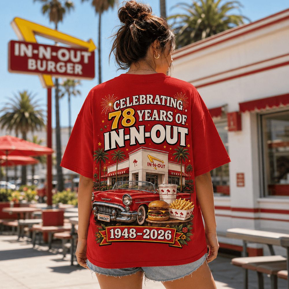 In N Out 78th Anniversary Retro Palm Trees Burger Special Shirt - Unique Fast Food Graphic Gift Idea - Image 5