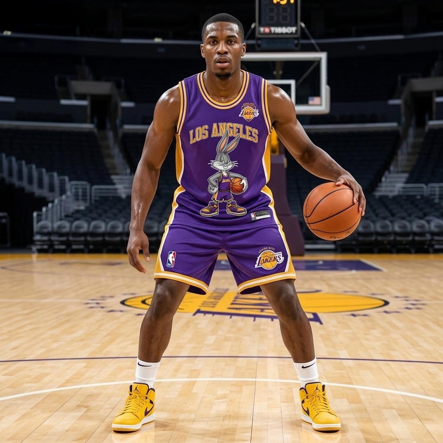 Los Angeles Lakers Bugs Bunny Purple Gold Basketball Jersey and Shorts Set Fan Apparel 1 - Unicasport Los Angeles Lakers Bugs Bunny Purple Gold Basketball Jersey and Shorts Set Fan Apparel