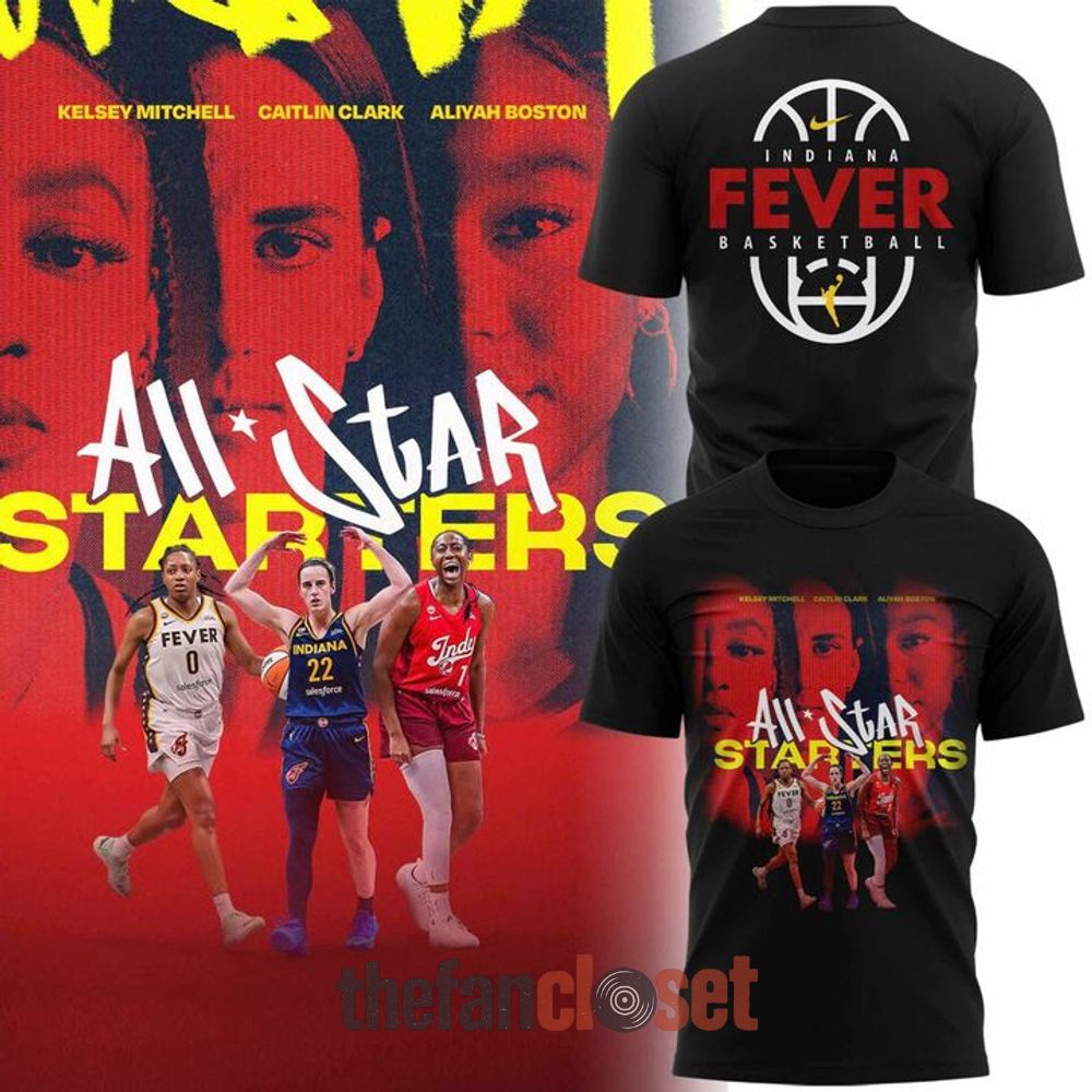 Caitlin Clark Aliyah Boston Kelsey Mitchell WNBA All-Star Starters Player Trio Indiana Fever Black Shirt