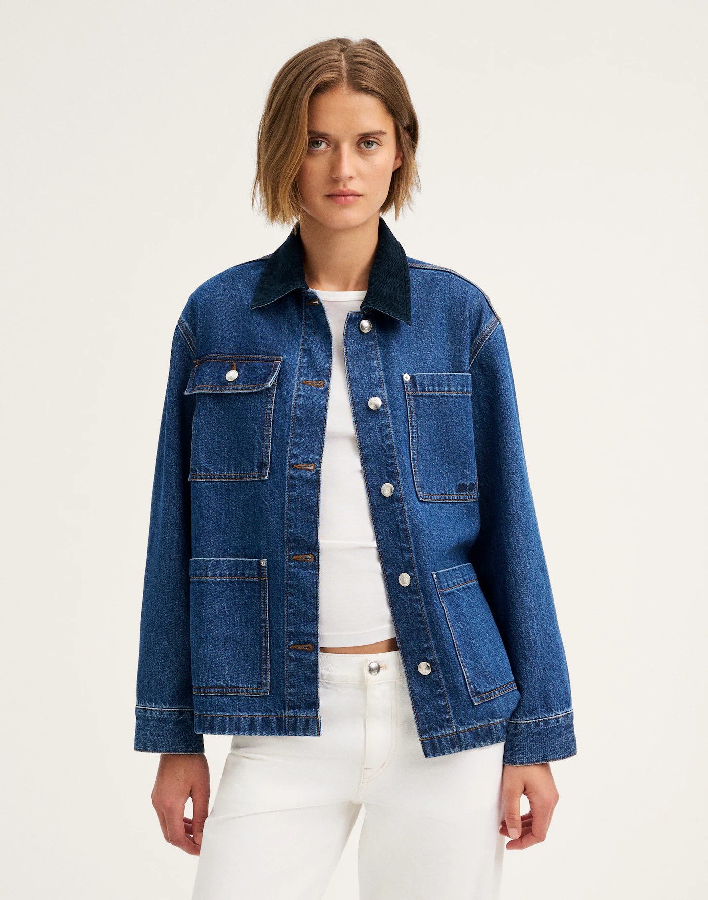 Indigo Blue Teeyoulove Zorvane Relaxed Fit Denim Jacket with Contrast Collar and Pockets - Front View