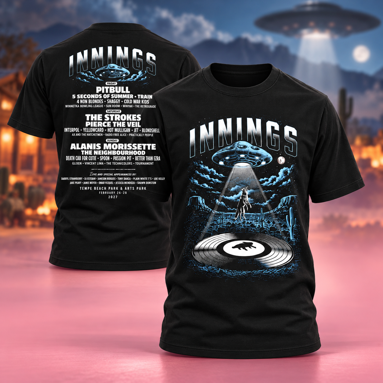 Innings Festival 2027 At Tempe Beach Park And Arts Park In Tempe AZ On February 2628 2027 Line Up Two Sided Unisex TShirt