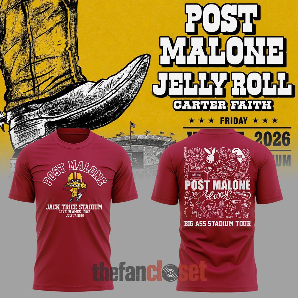 Post Malone Big Ass Stadium Tour 2026 x Iowa State Cyclones Jack Trice Stadium Red Shirt