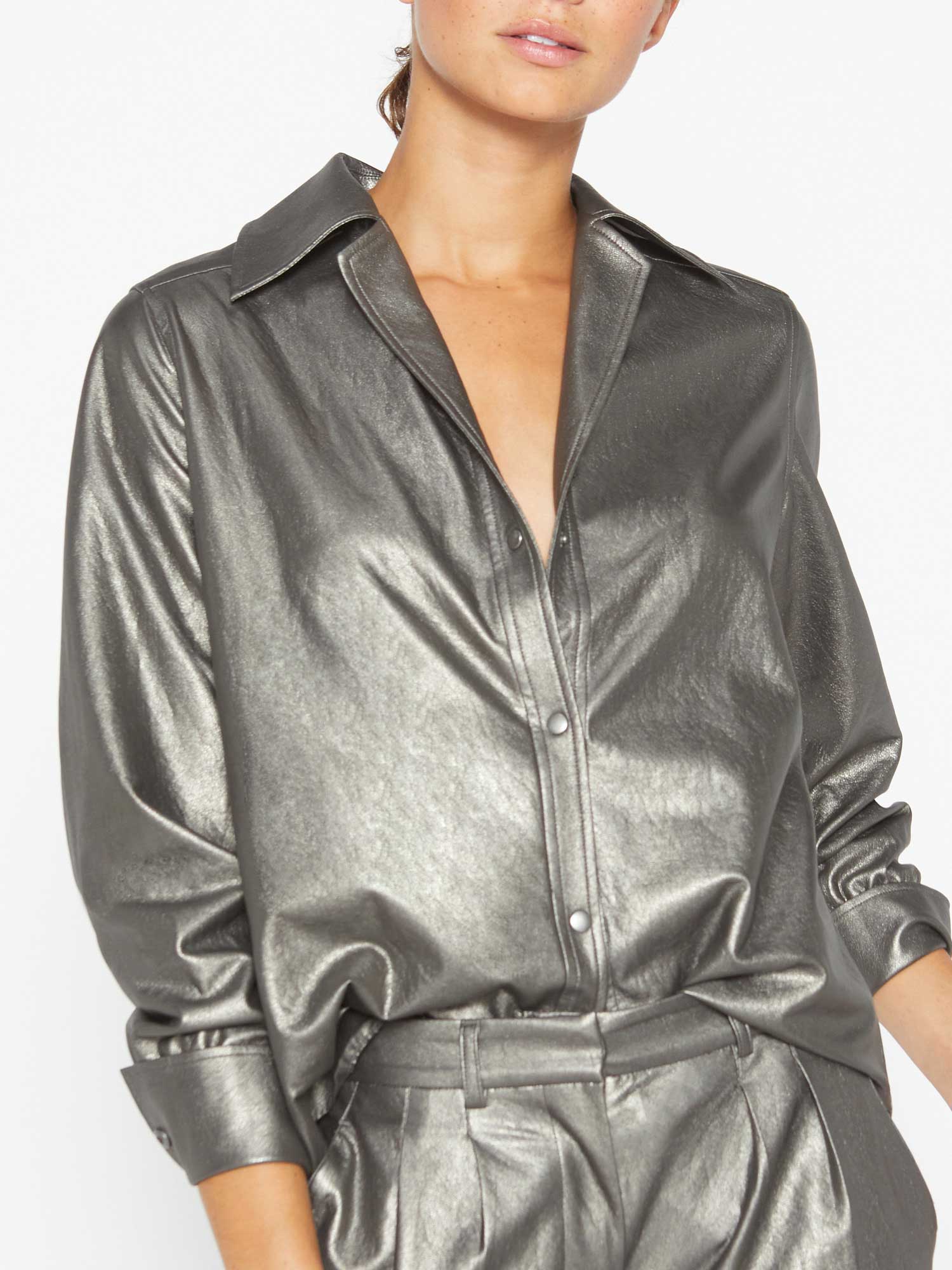 iPage Vegan Leather Relaxed Button Up Shirt for Women - Image 3
