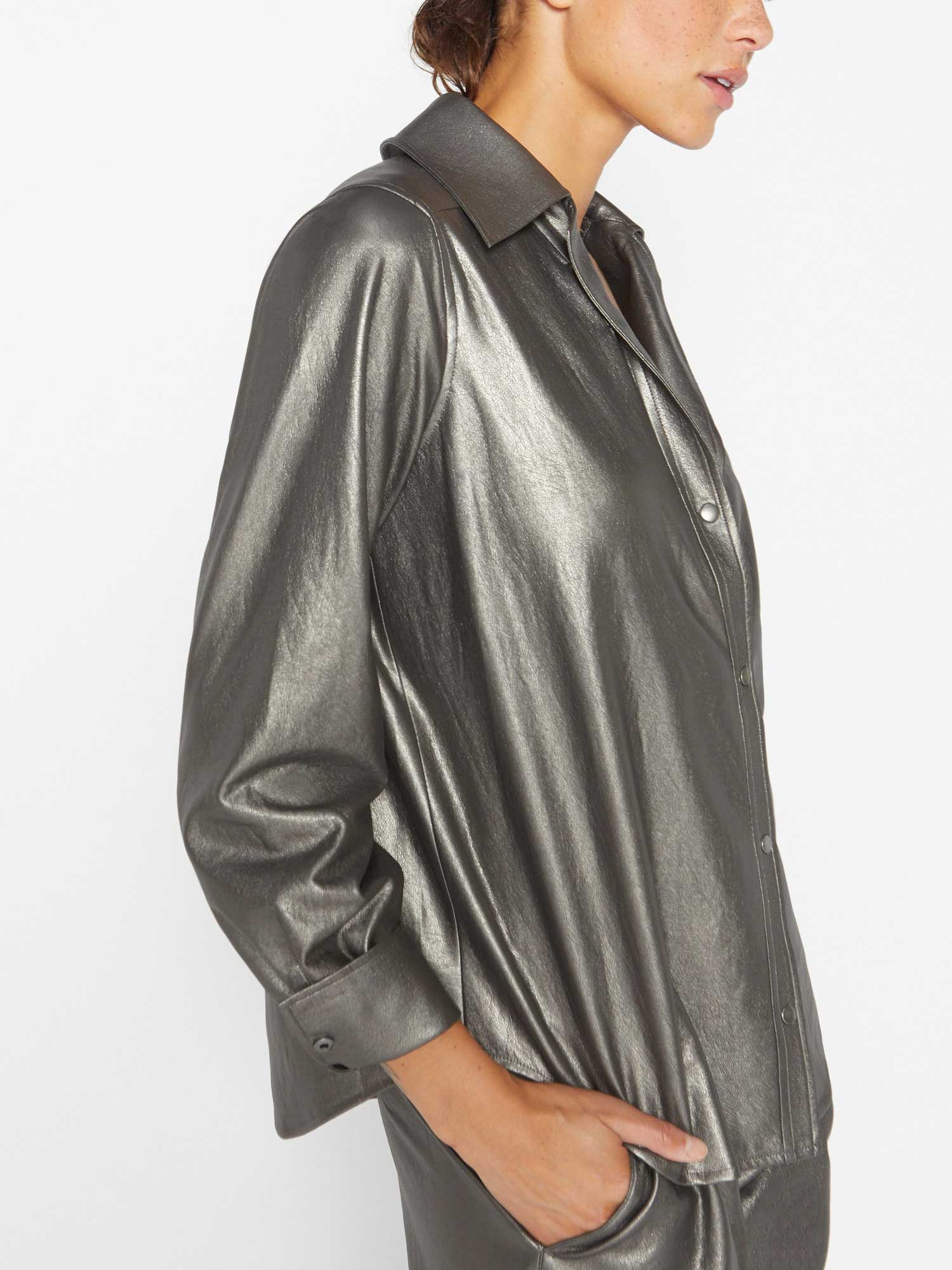 iPage Vegan Leather Relaxed Button Up Shirt for Women