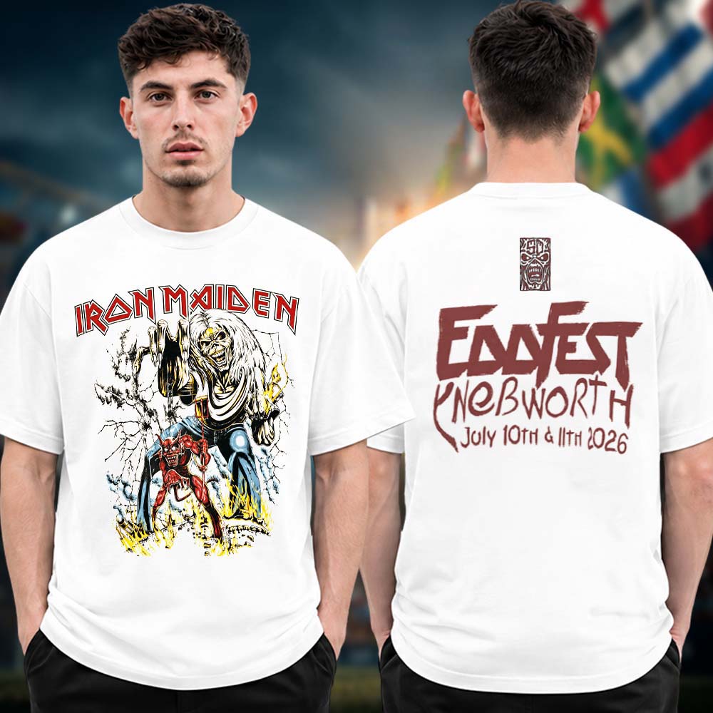 Iron Maiden Special Edition T Shirt EddFest 2026 At Knebworth Park On July 10 11 2026 Art Work White Two Sided Unisex T Shirt