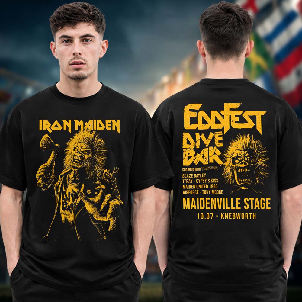 Iron Maiden Special Edition T Shirt EddFest 2026 At Knebworth Park On July 10 11 2026 Eddie Dive Bar Two Sided Unisex T Shirt