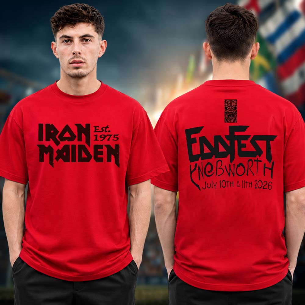 Iron Maiden Special Edition T Shirt EddFest 2026 At Knebworth Park On July 10 11 2026 Est 1975 Logo Red Two Sided Unisex T Shirt