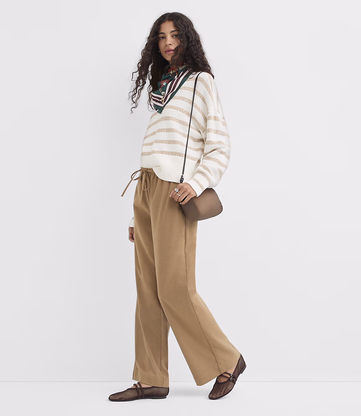 Ivory Beige Striped Teeyoulove Velmora Relaxed Ribbed Knit Sweater styled view