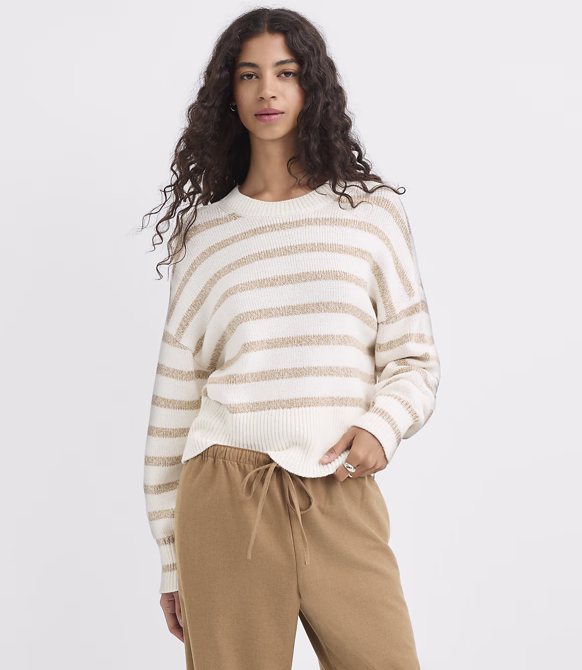 Ivory Beige Striped Teeyoulove Velmora Relaxed Ribbed Knit Sweater front view