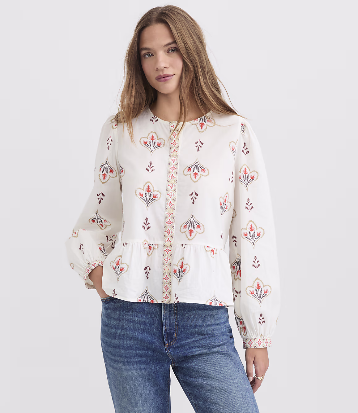 Ivory floral Zarevia peplum long sleeve top by Teeyoulove