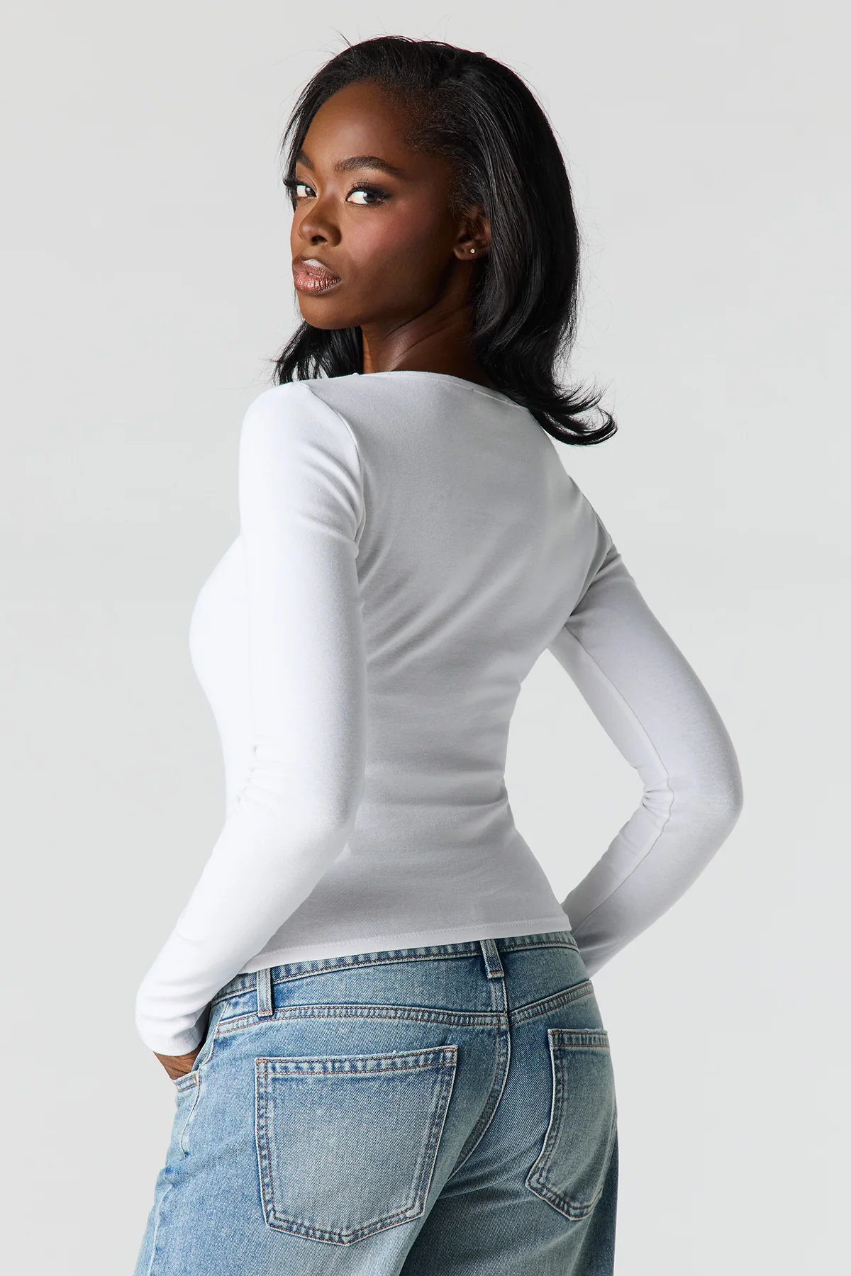 Ivory White Solvessa V Neck Long Sleeve Fitted Crop Top side view