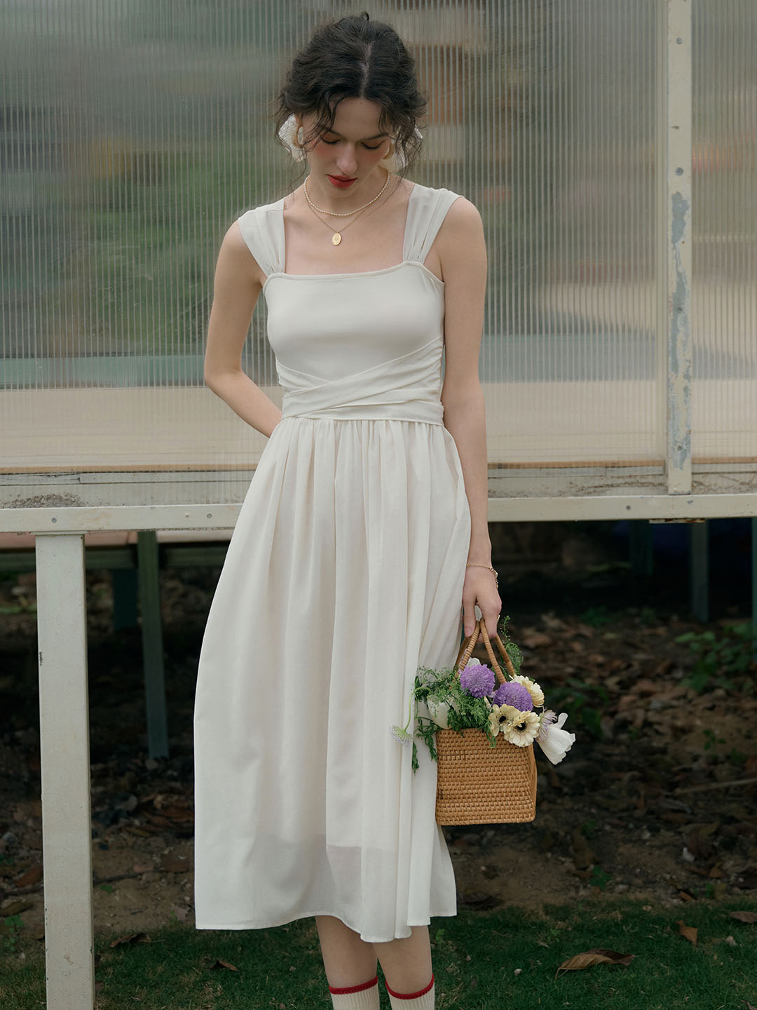 Ivory White Somnambulist Square Neck Sleeveless A-Line Flowy Midi Good Stylists Dress