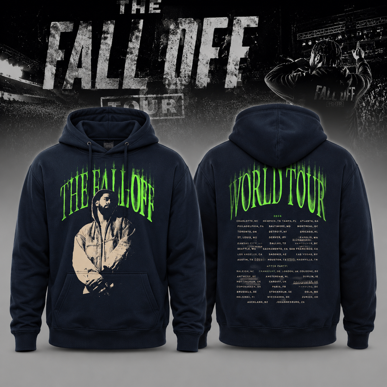 J Cole 2026 Black Tour Hoodie Neon Face Design