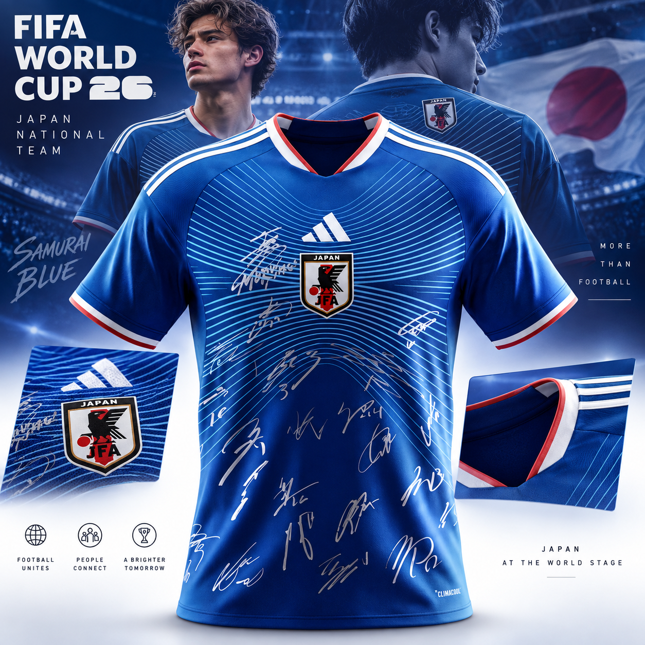 Japan Samurai Blue FIFA World Cup 2026 Autograph Soccer Jersey Tee 1 - Unicasport Japan Samurai Blue FIFA World Cup 2026 Autograph Soccer Jersey Tee