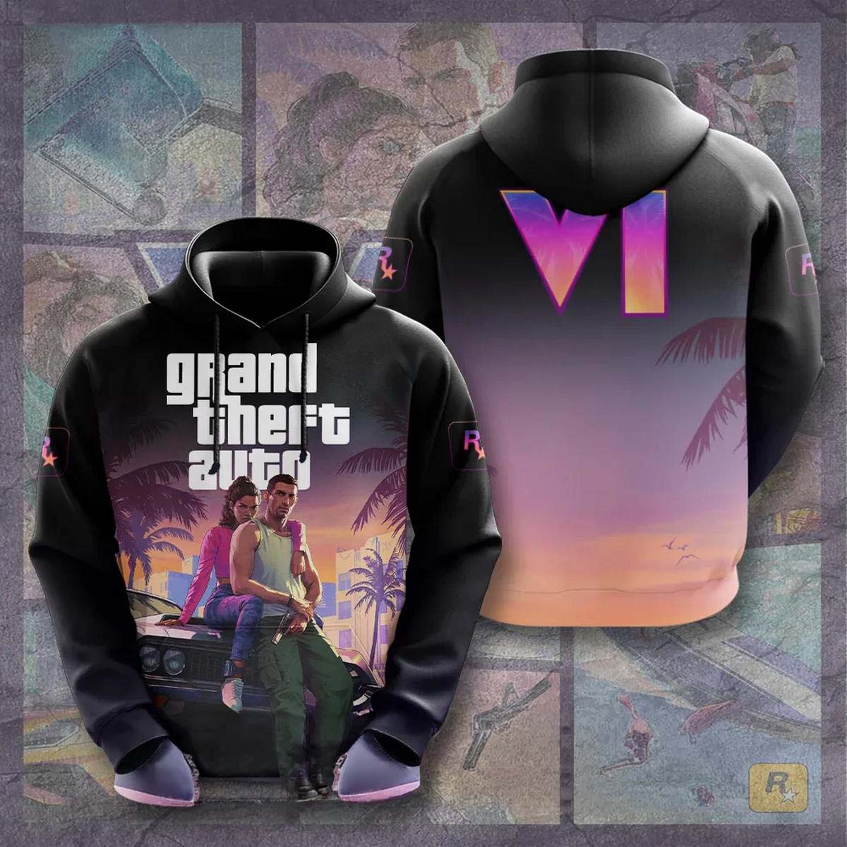 Grand Theft Auto VI Jason and Lucia Vice City Hoodie - Gift for Gamers