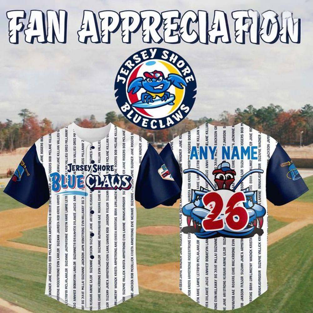 2026 Jersey Shore BlueClaws Fan Appreciation Typography Baseball Jersey