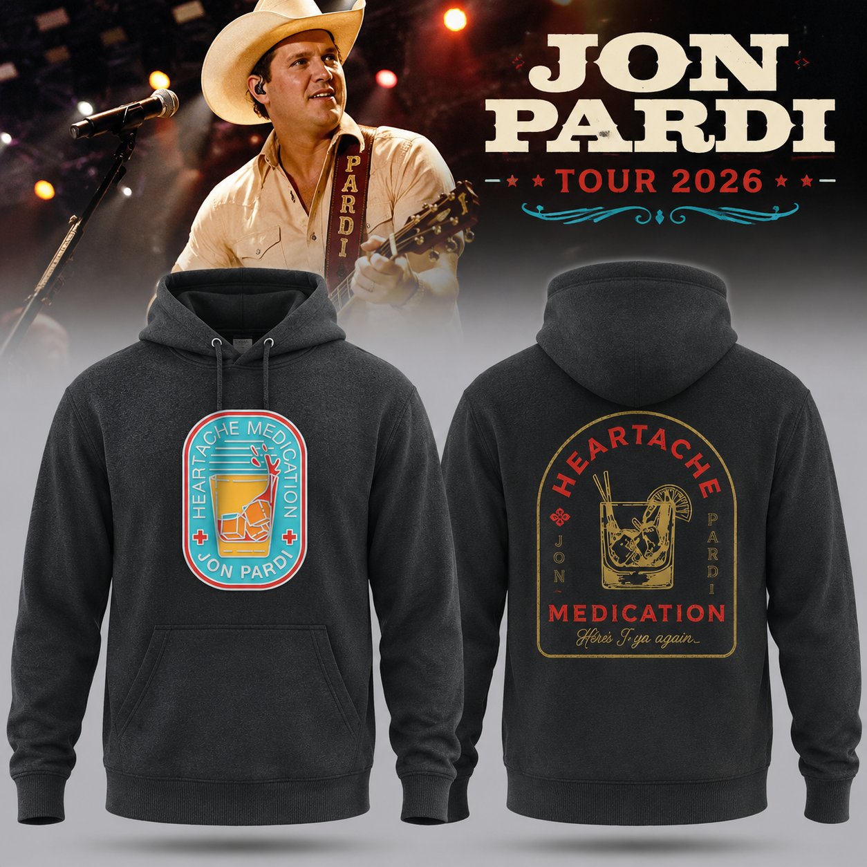 Jon Pardi Heartache Medication Tour 2026 Black Hoodie - Gift Idea for Fans