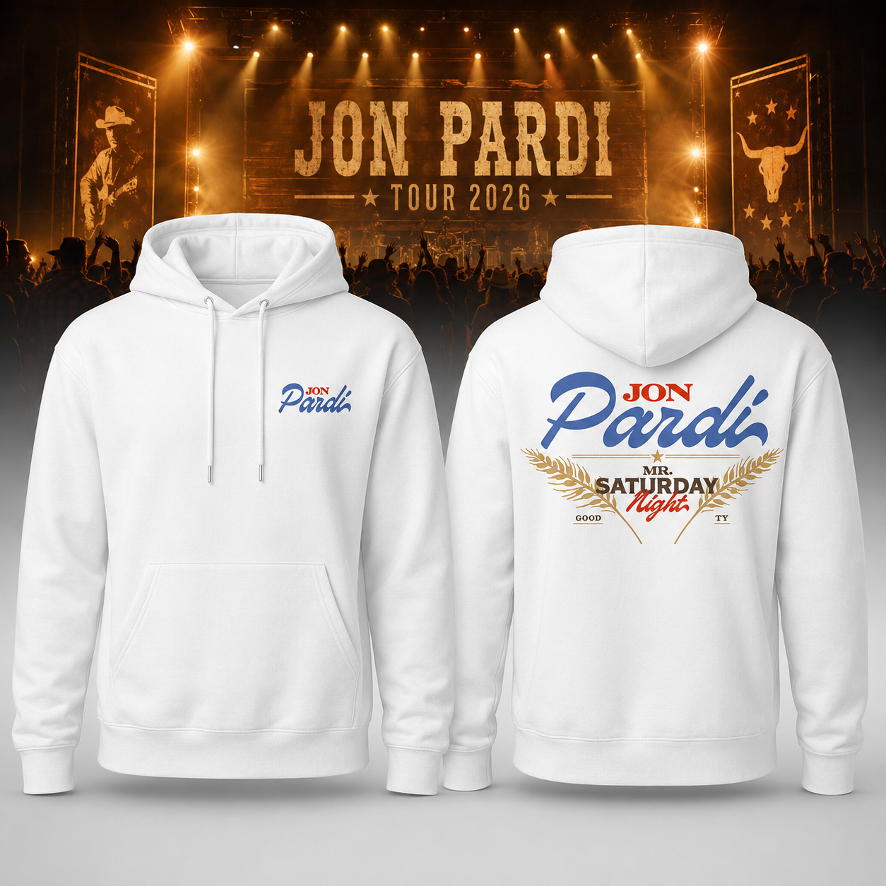 Jon Pardi Mr. Saturday Night Tour 2026 White Pullover Hoodie - Concert Merch Gift Idea for Fans
