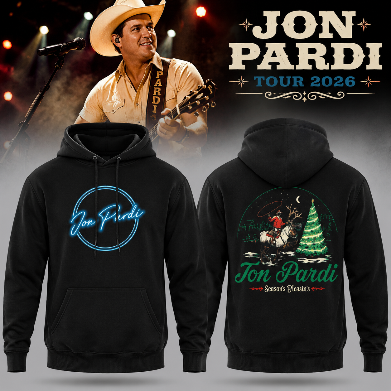 Jon Pardi NYC Reindeer Event Tour 2026 Black Pullover Hoodie - Concert Merchandise Gift for Fans