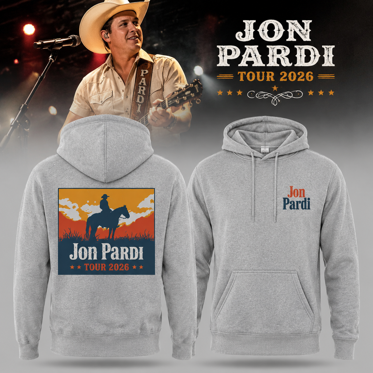 Jon Pardi Tour 2026 Sunset Cowboy Pullover Hoodie - Gift Idea for Fans