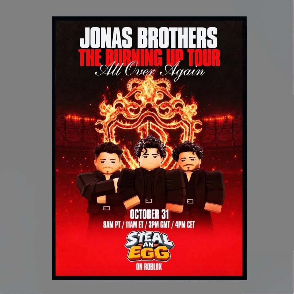 Jonas Brothers The Burning Up Tour All Over Again Steal An Egg On Roblox October 31 Event Poster