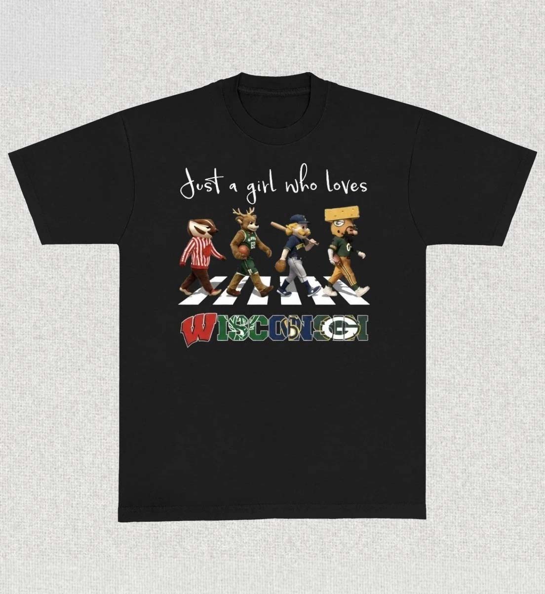 Just a girl who loves Wisconsin sports Abbey Road Green Bay Packers Milwaukee Bucks Milwaukee Brewers and Wisconsin Badgers TShirt