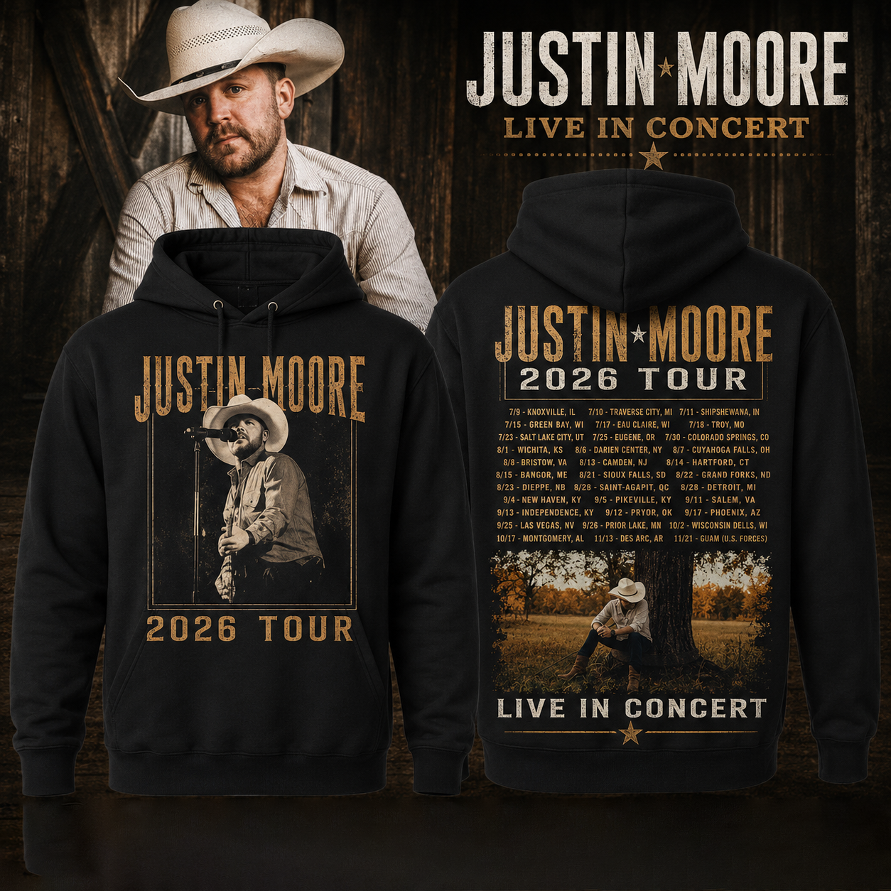 Justin Moore 2026 Tour Merch Country Concert Hoodie Gift for Fans