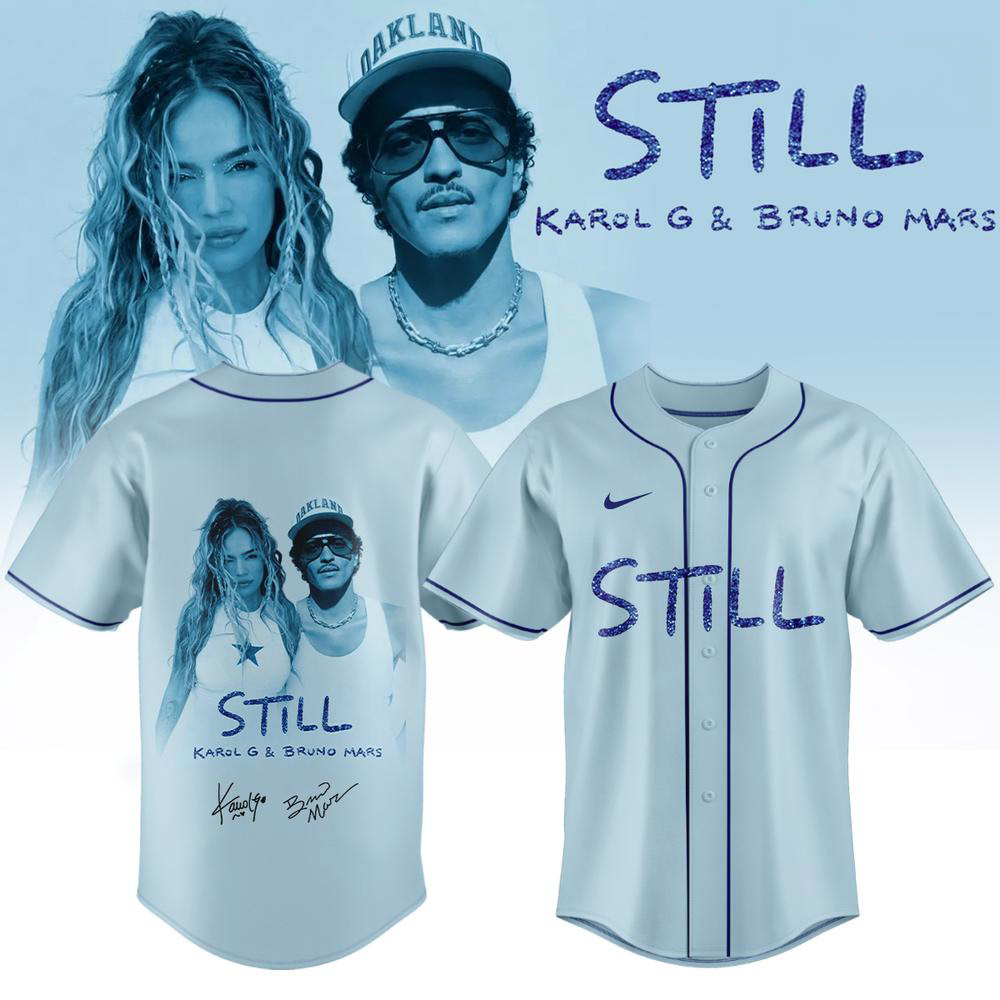 Light Blue Karol G x Bruno Mars STILL 2026 Baseball Jersey 1 - Unicasport Light Blue Karol G x Bruno Mars STILL 2026 Baseball Jersey