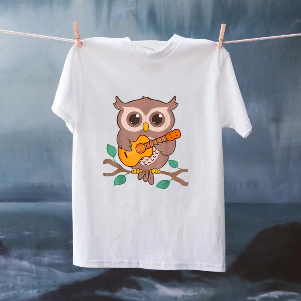 Kawaii Owl Bird Playing Acoustic Guitar Cartoon Shirt
