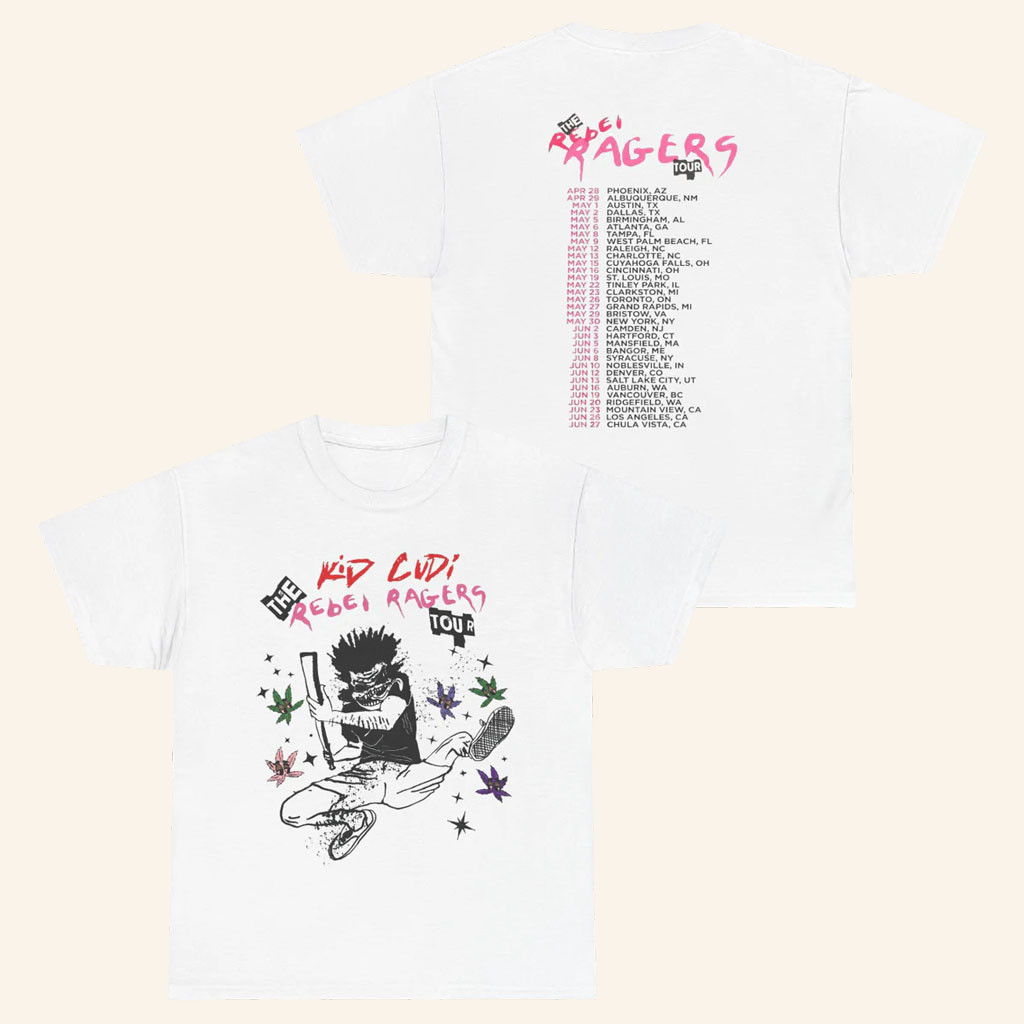 Kid Cudi Merch 2026 Rebel Ragers Bat Graphic WhiteTShirtKiD CuDi Tour Merch Rap Fan Gifts