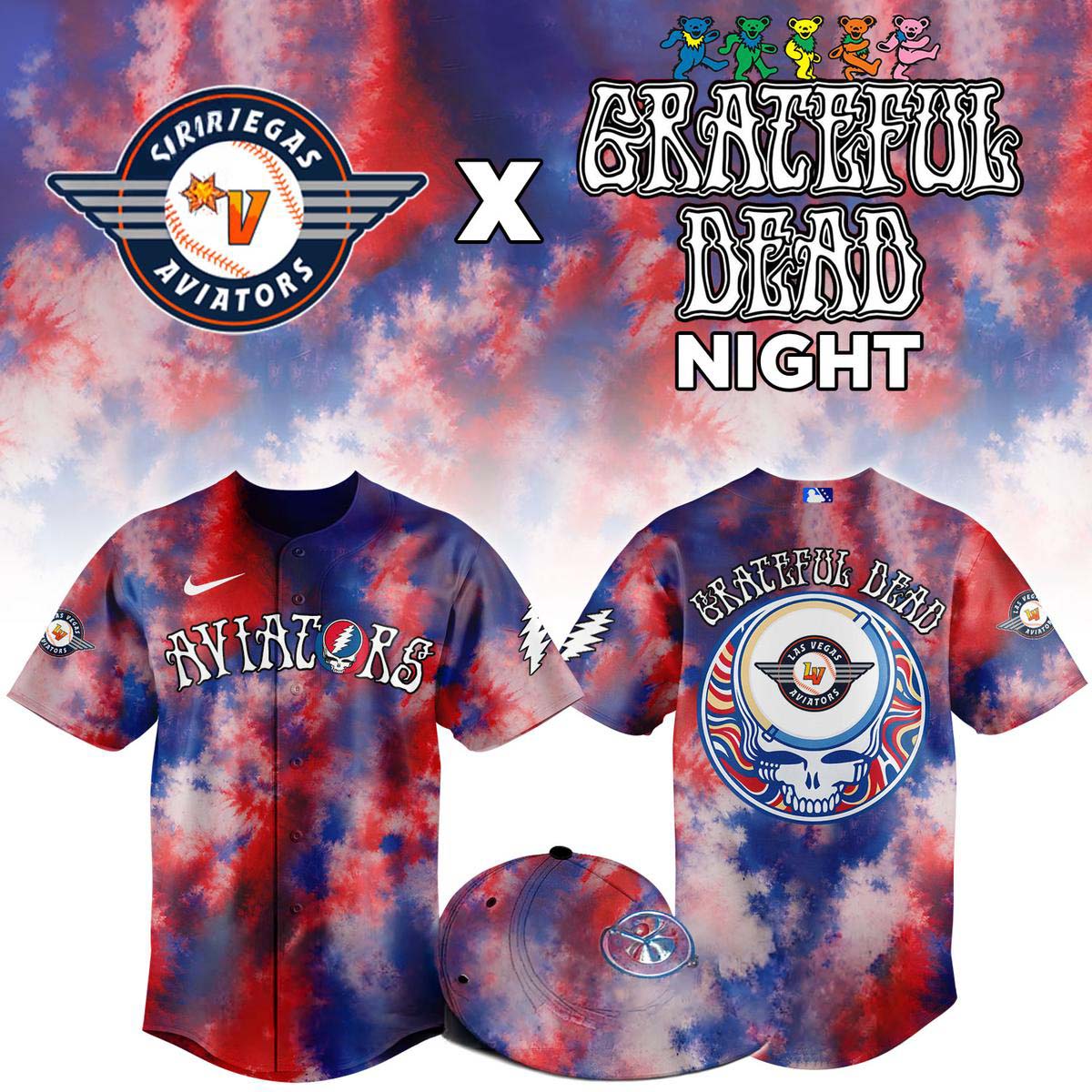 Las Vegas Aviators x Grateful Dead Night Baseball Jersey - Best Gift for Fans
