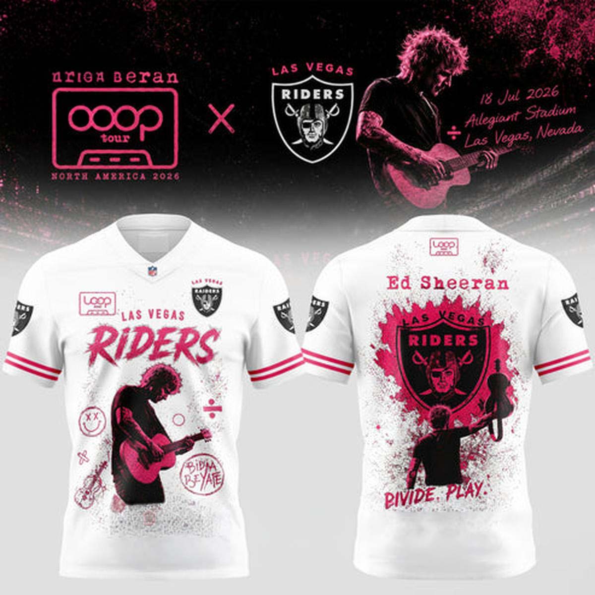 Ed Sheeran LOOP Tour 2026 Las Vegas Raiders DIVIDE PLAY REPEAT Football Jersey
