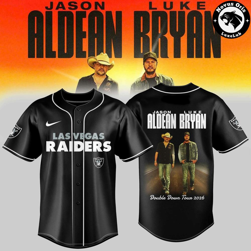 Las Vegas Raiders x Jason Aldean Luke Bryan Double Down Tour 2026 Baseball Jersey 1 - Unicasport Las Vegas Raiders x Jason Aldean Luke Bryan Double Down Tour 2026 Baseball Jersey