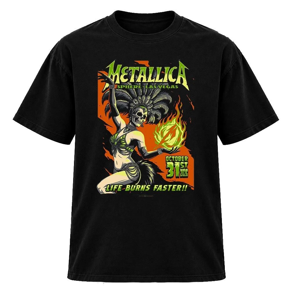 Life Burns Faster Metallica Halloween October 31st 2026 Sphere Las Vegas Skeleton Woman Green Fire Graphic TShirt