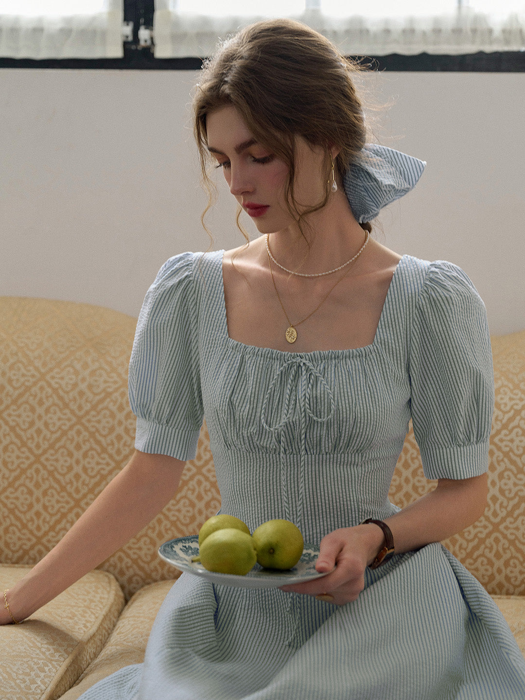 Light Blue Limerence Square Neck Puff Sleeve Gathered Bust Midi Dress By Good Stylists