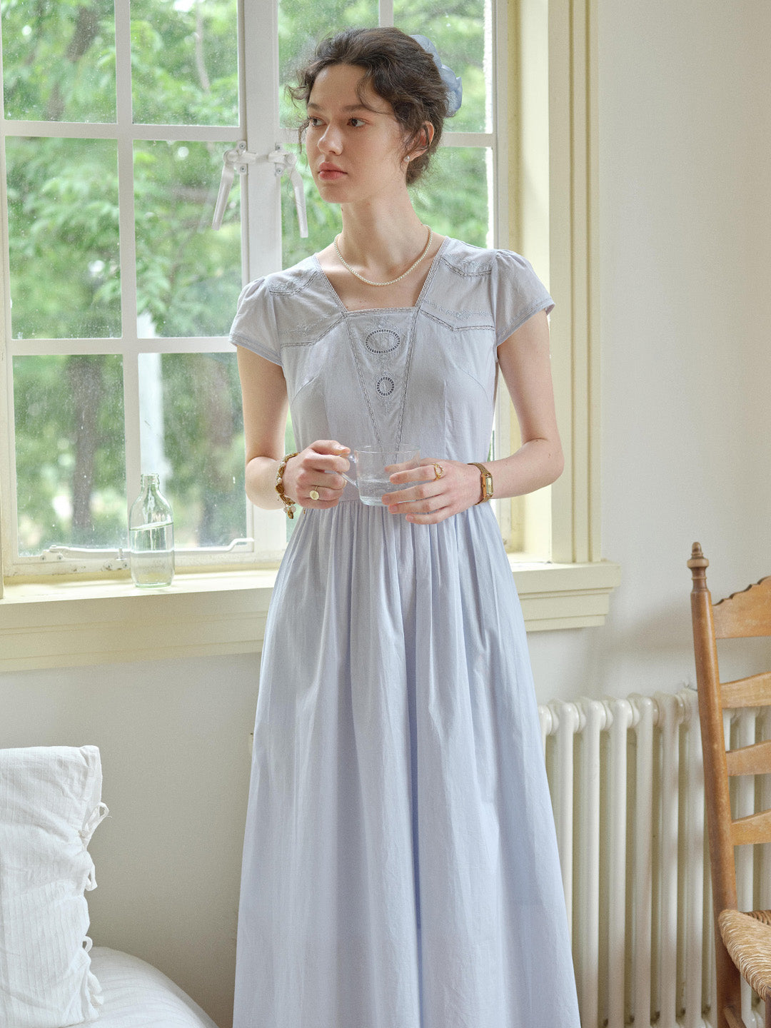 Light Blue Skedaddle Square Neck Short Sleeve Cotton Gown Good Stylists