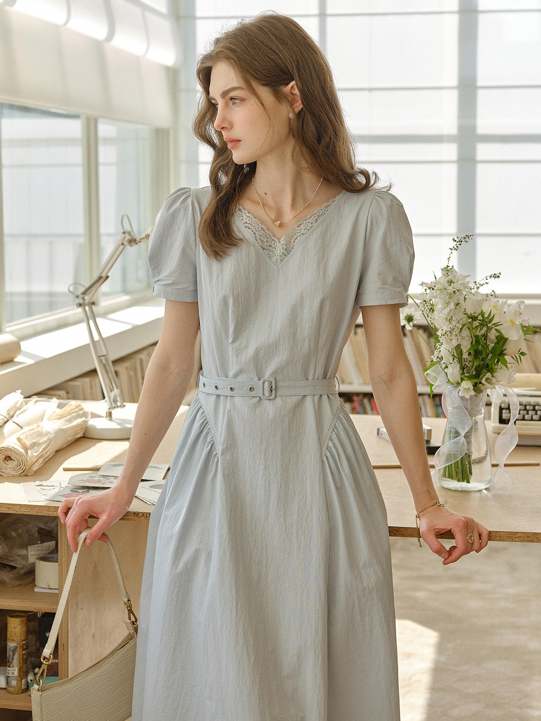 Light Blue V-Neck Puff Sleeve Belted Waist Midi Dress Halcyon Good Stylists