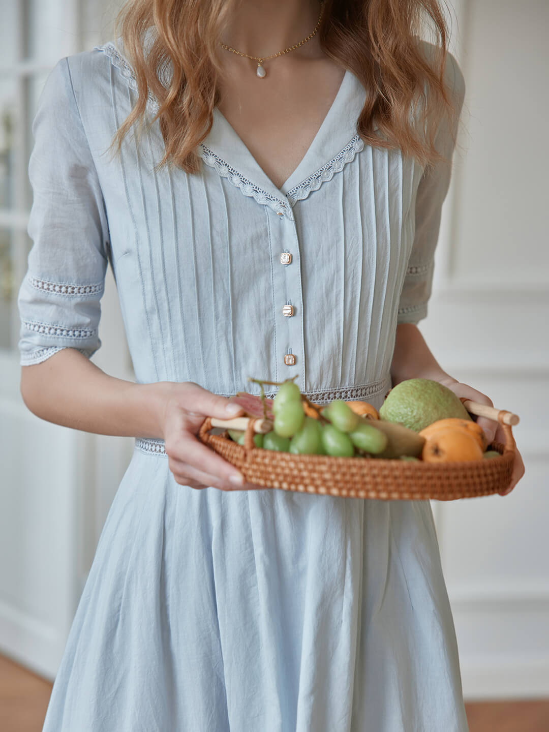 Limerence Light Grey Blue Lapel Collar Pintuck Half Sleeve Midi Gown Good Stylists