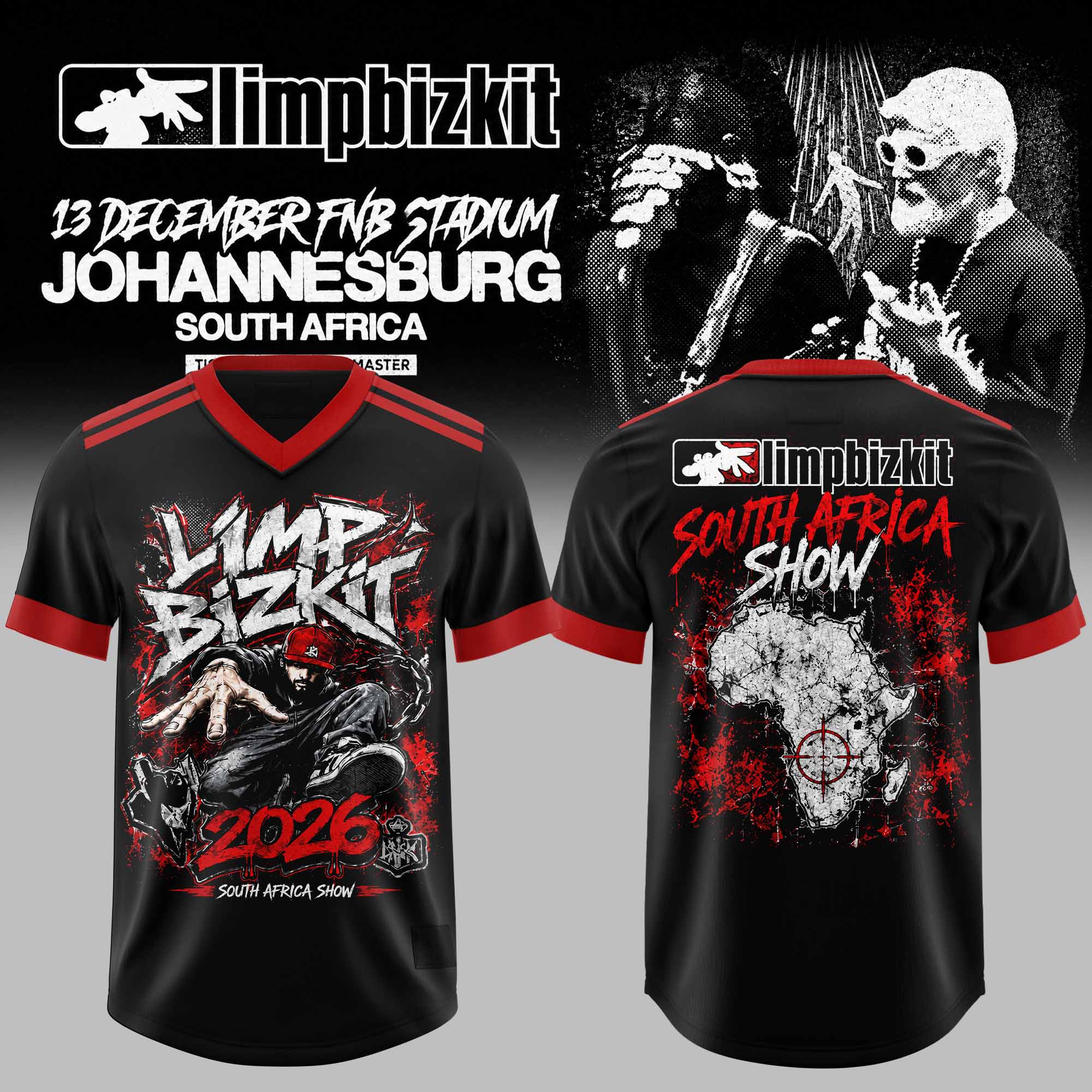 Limp Bizkit South Africa Show Johannesburg 2026 Red Graphic Black Football Jersey 1 - Unicasport Limp Bizkit South Africa Show Johannesburg 2026 Red Graphic Black Football Jersey