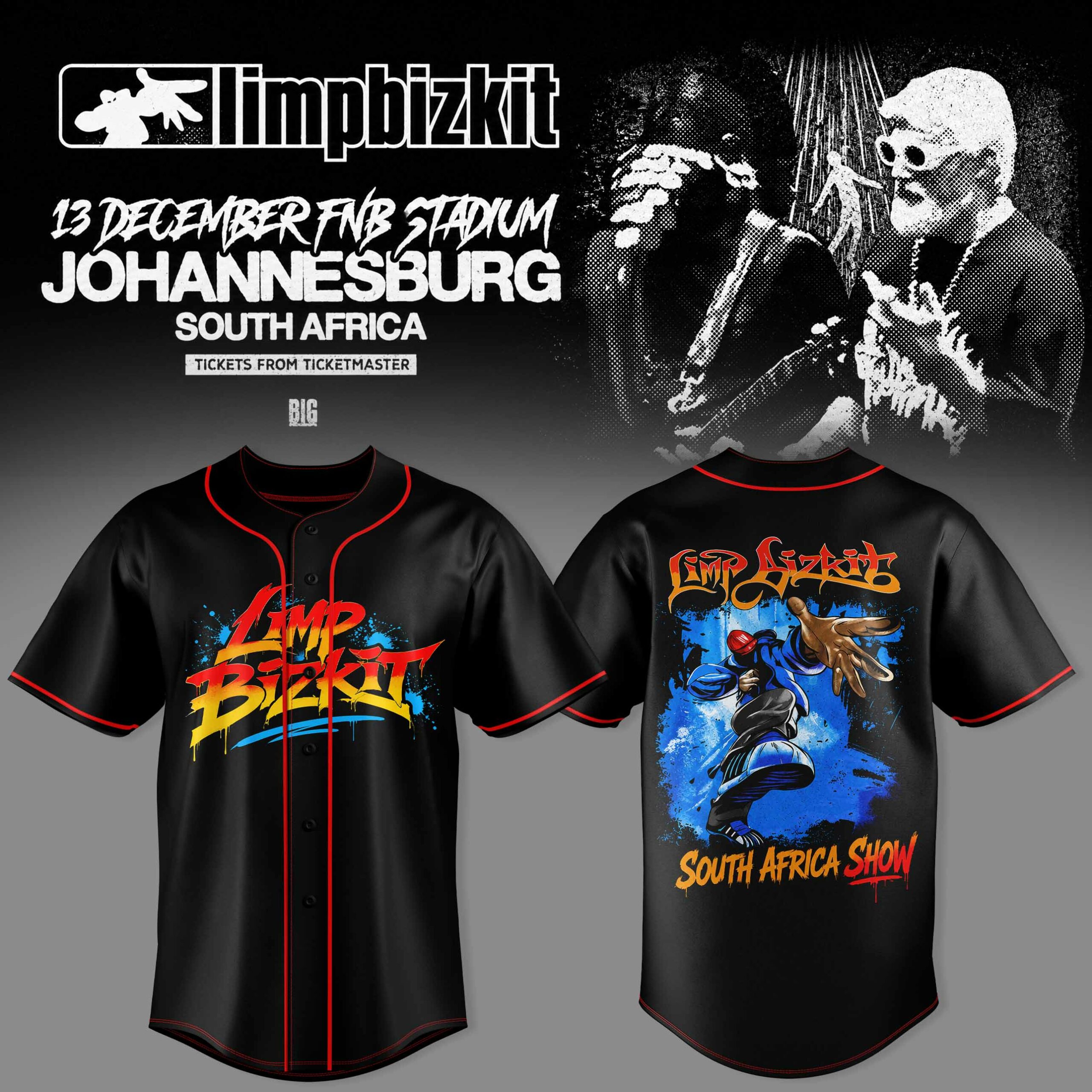 Limp Bizkit South Africa Show Johannesburg Blue Character Graphic Black Baseball Jersey 1 - Unicasport Limp Bizkit South Africa Show Johannesburg Blue Character Graphic Black Baseball Jersey