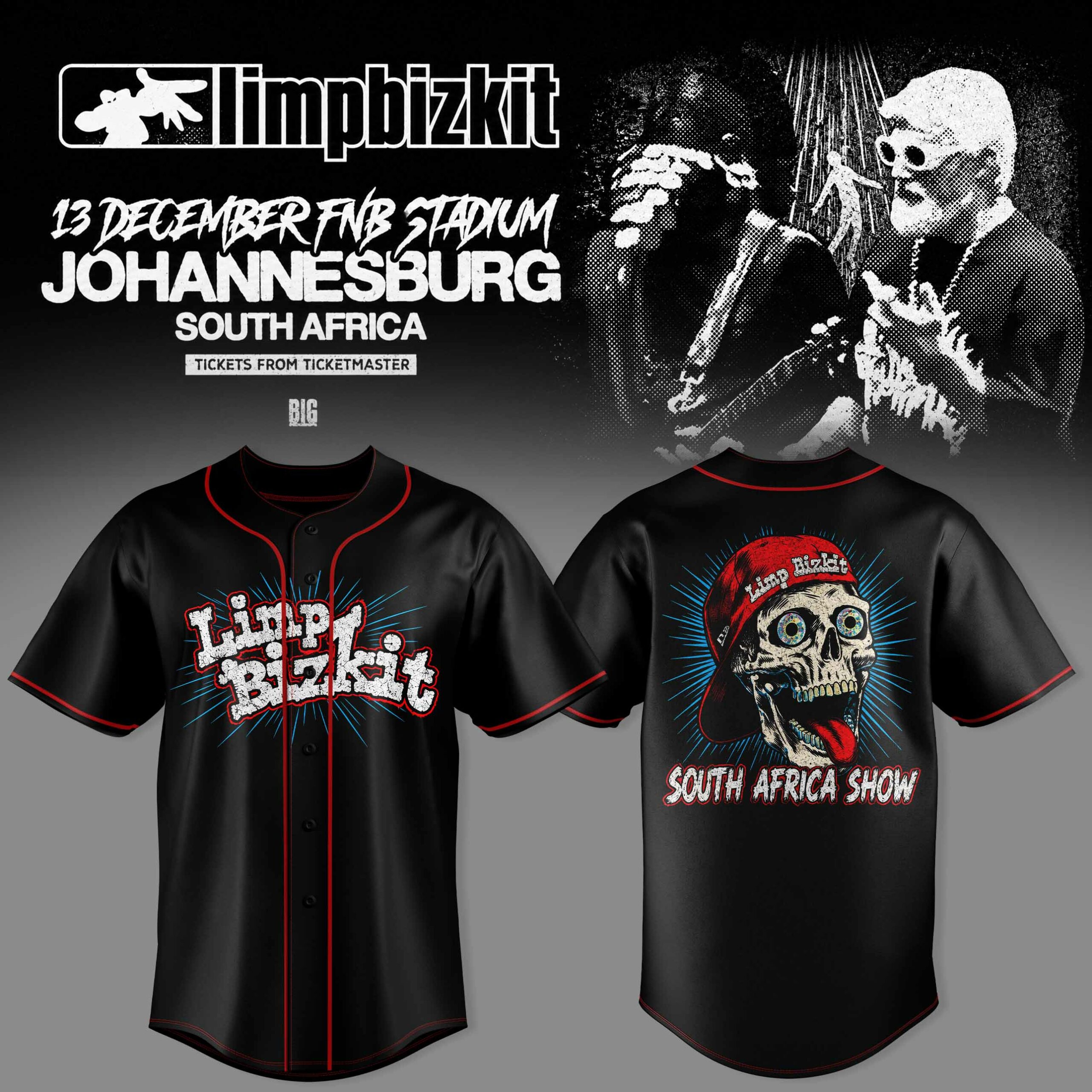 Limp Bizkit South Africa Show Johannesburg Skull Graphic Black Baseball Jersey 1 - Unicasport Limp Bizkit South Africa Show Johannesburg Skull Graphic Black Baseball Jersey