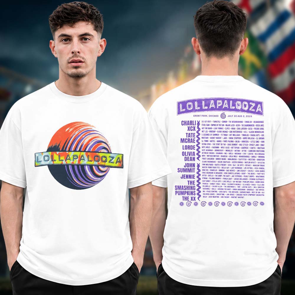 Lollapalooza Festival 2026 Live Event T Shirt from Grant Park In Chicago IL On July 30 to Aug 2 2026 Sphere Line Up Two Sided Unisex T Shirt