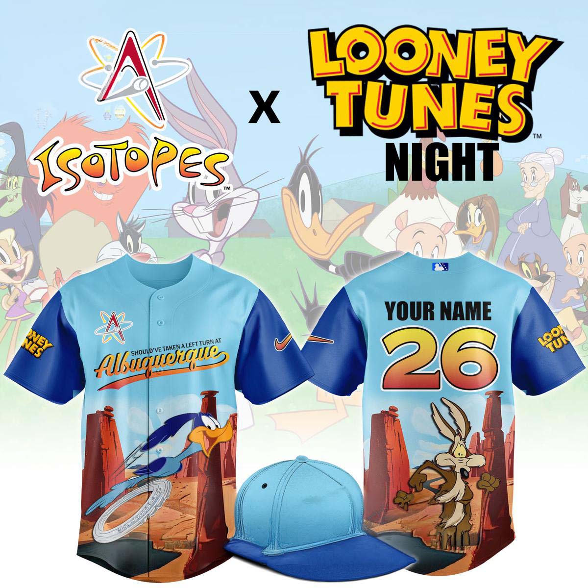 Albuquerque Isotopes Looney Tunes Night Wile E. Coyote Custom Baseball Jersey - Best Gift for Fans