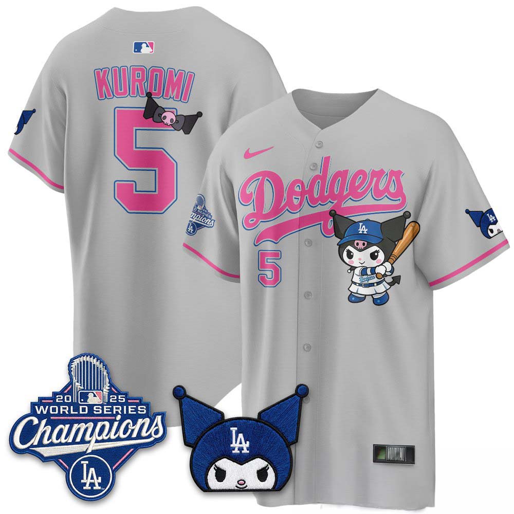 Los Angeles Dodgers x Kuromi Gray Custom Baseball Jersey 1 - Unicasport Los Angeles Dodgers x Kuromi Gray Custom Baseball Jersey