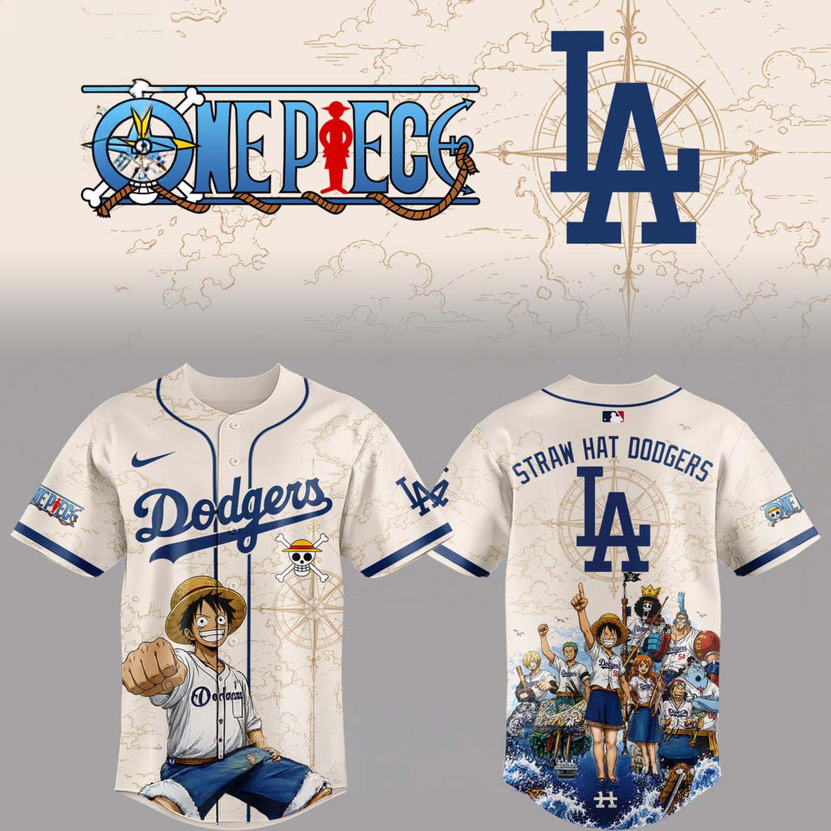 One Piece Luffy x Los Angeles Dodgers 2026 Baseball Jersey - Best Gift for Fans