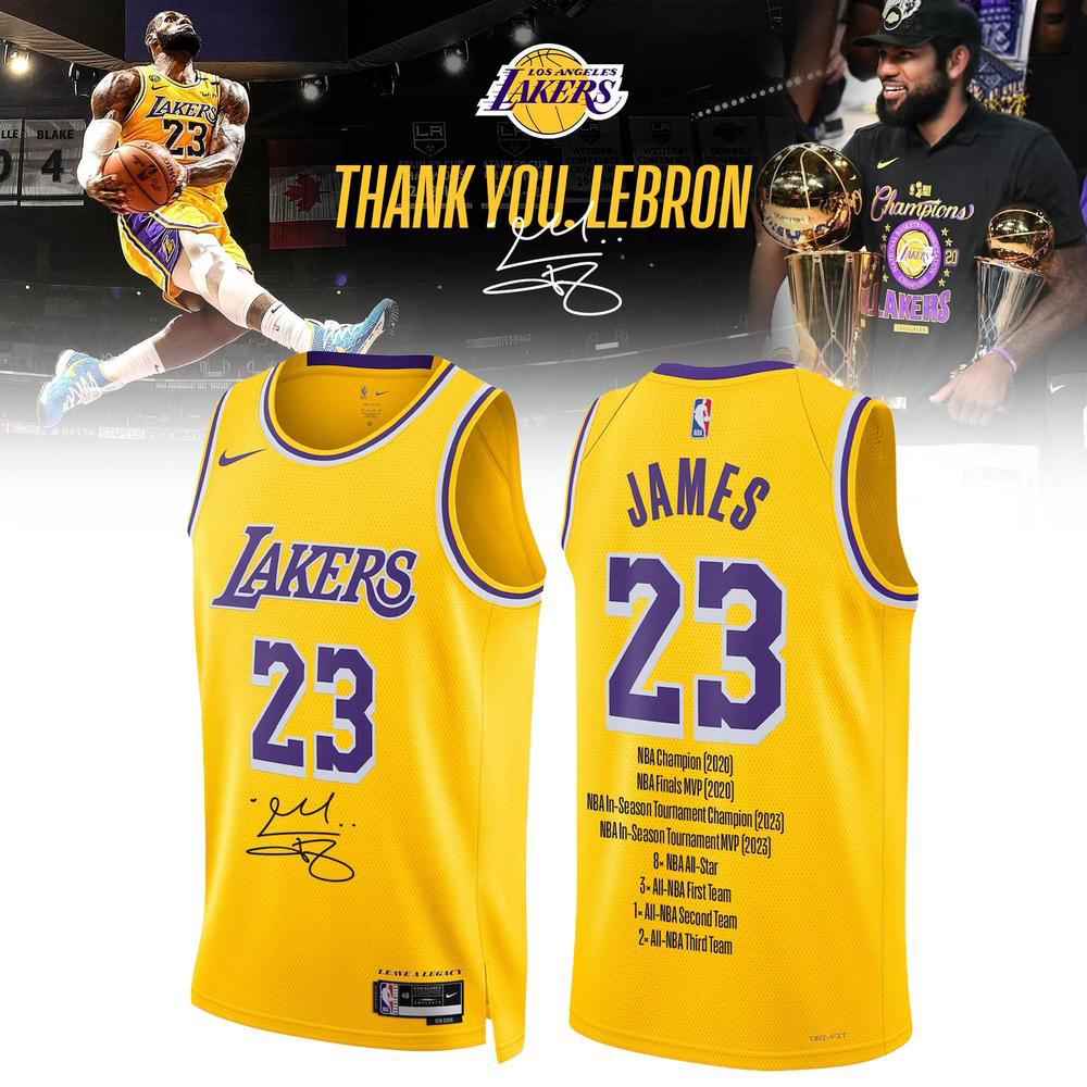 Los Angeles Lakers LeBron James Yellow Thank You Basketball Jersey