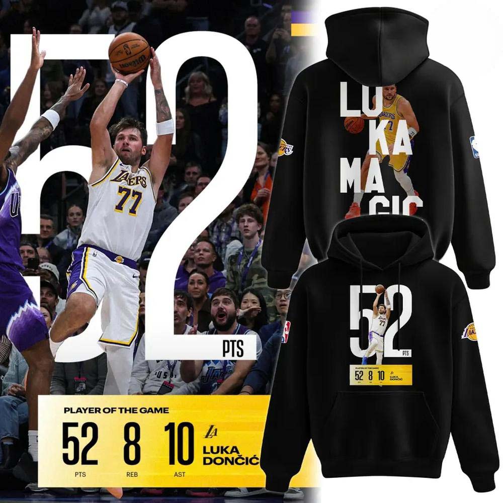 Los Angeles Lakers Luka Doncic 2026 52 PTS Scoring Performance Black Hoodie